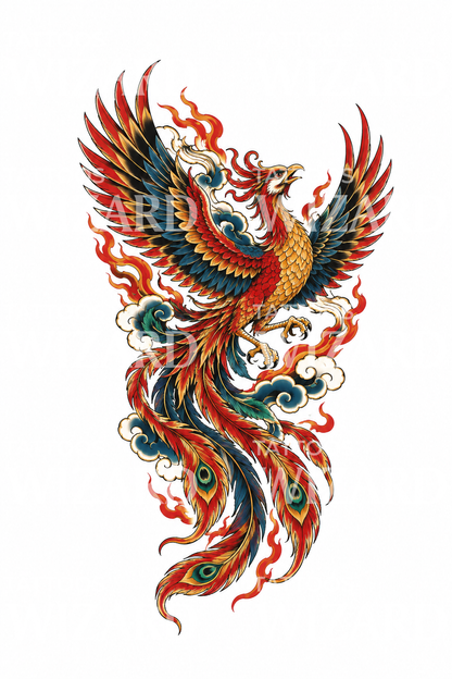 Diseño de tatuaje de fénix Ho-o japonés con llamas