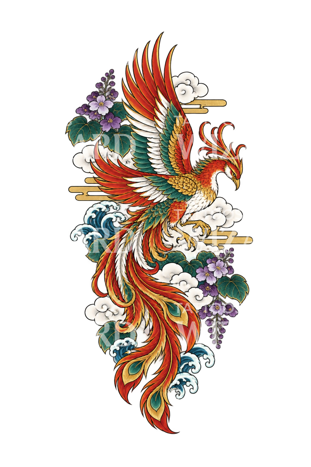 Japanischer Hōō-Phönix mit Paulownie und Wolken als Tattoo