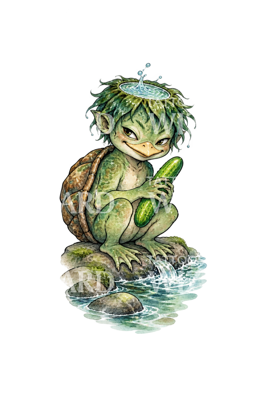 Japanischer Kappa-Yokai mit Gurke am Bach