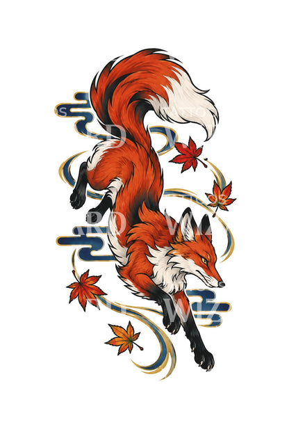 Rüzgârda sıçrayan Japon kitsune dövme illüstrasyonu