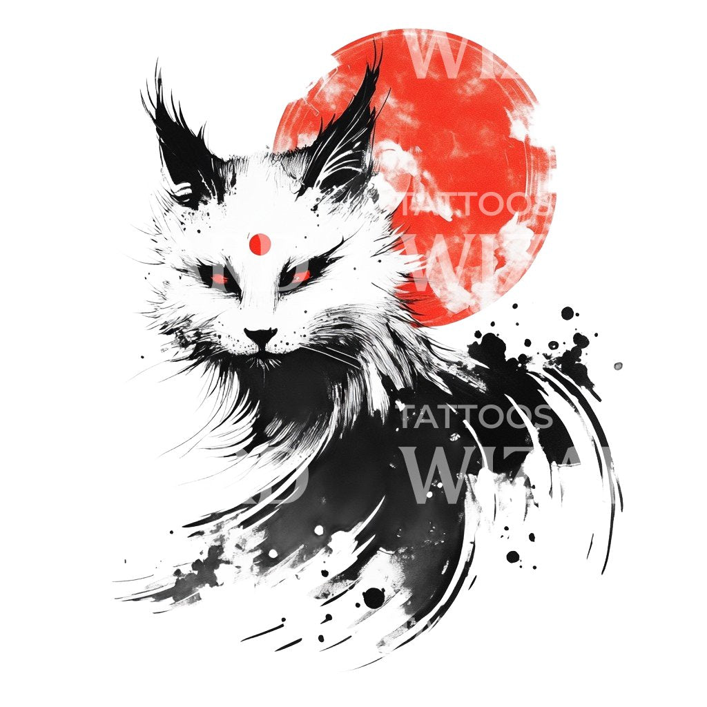 Japanese Kitsune Spirit with Red Moon Tattoo Design