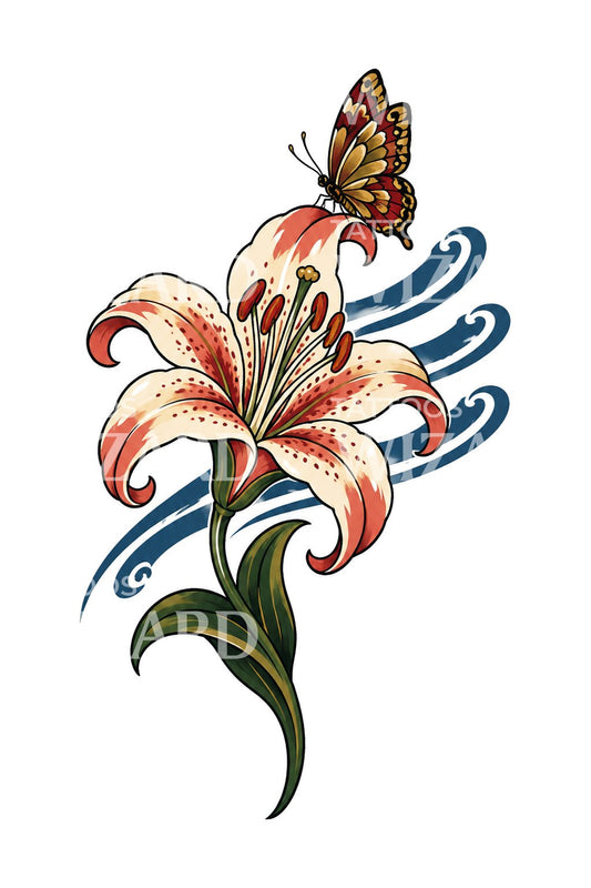 Japanische Lilie mit Schmetterling als Tattoo-Design