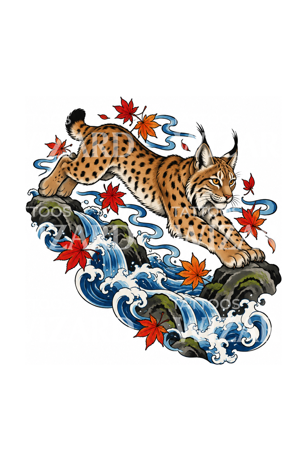 Japanisches Tattoo eines über einen Bergbach springenden Luchses