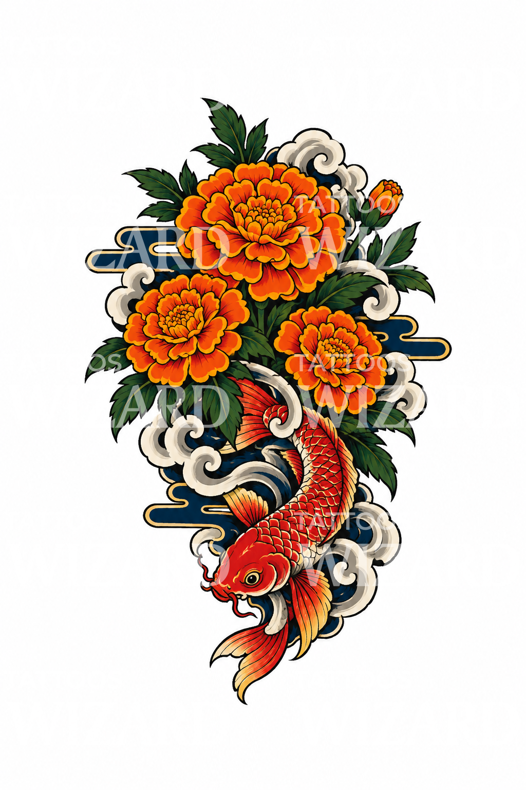 Japanese Marigolds with Koi Tattoo Design