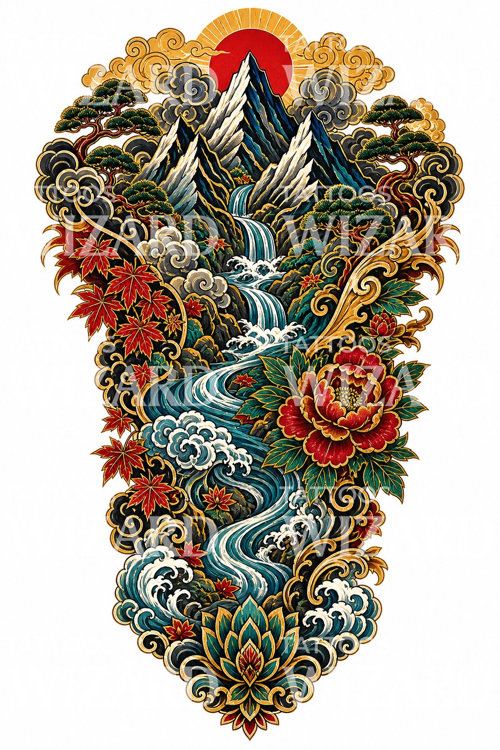 Japanese Mountain River Tattoo Design