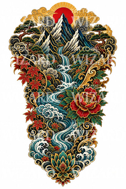 Japanese Mountain River Tattoo Design
