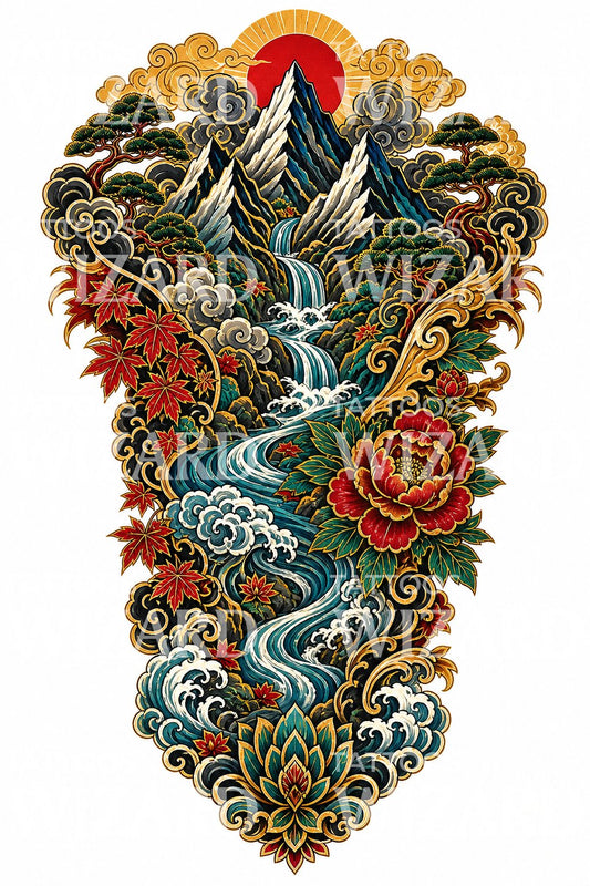 Japanese Mountain River Tattoo Design