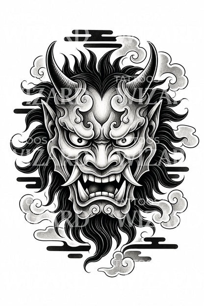 Japanese Oni Demon Mask Tattoo Design