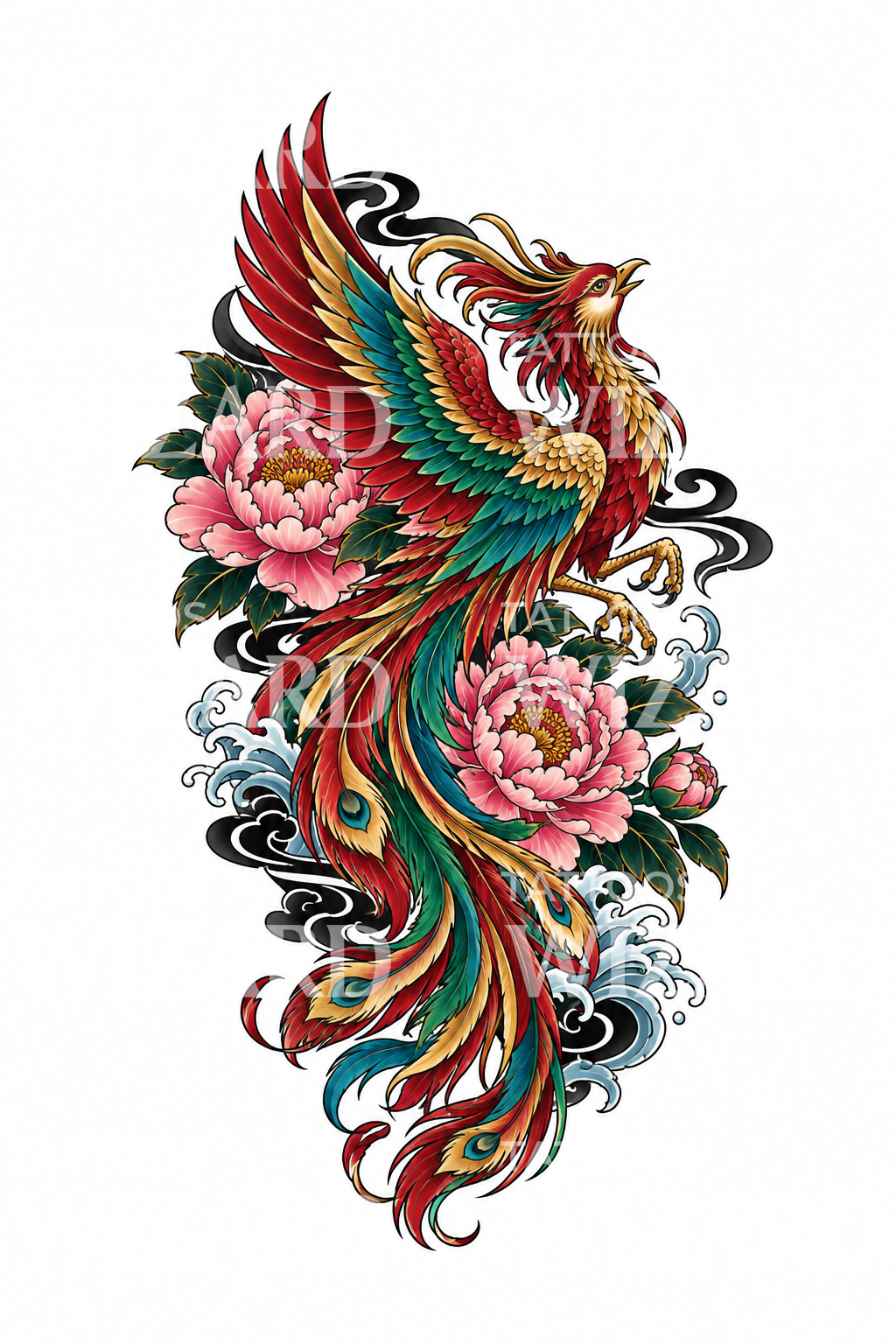 Japansk Hoo-føniks med peoner, tatoveringsdesign
