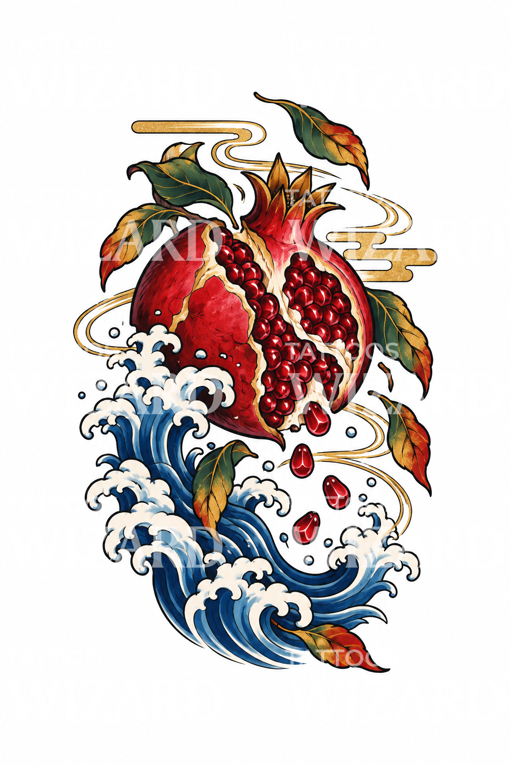 Japanese Pomegranate over Waves Tattoo Idea