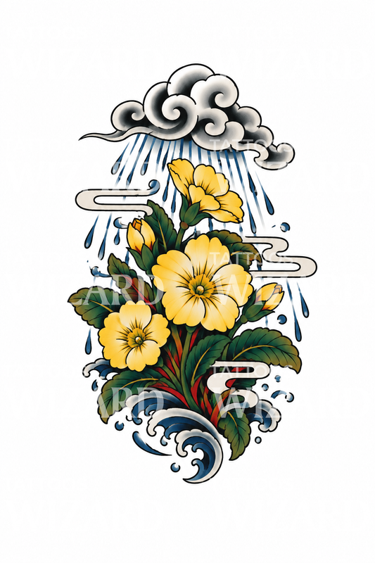 Japanische Primeln im Frühlingsregen als Tattoo