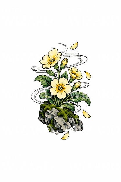 Tattoo-Design mit japanischen Primeln auf vermoostem Stein