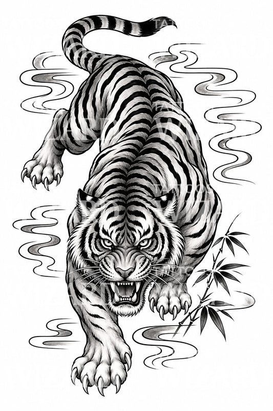 Desenho de tatuagem japonesa de tigre à espreita