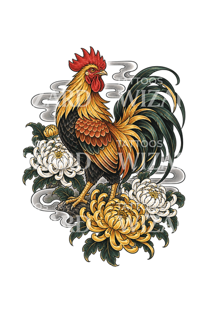Japanese Rooster and Chrysanthemums Tattoo Design