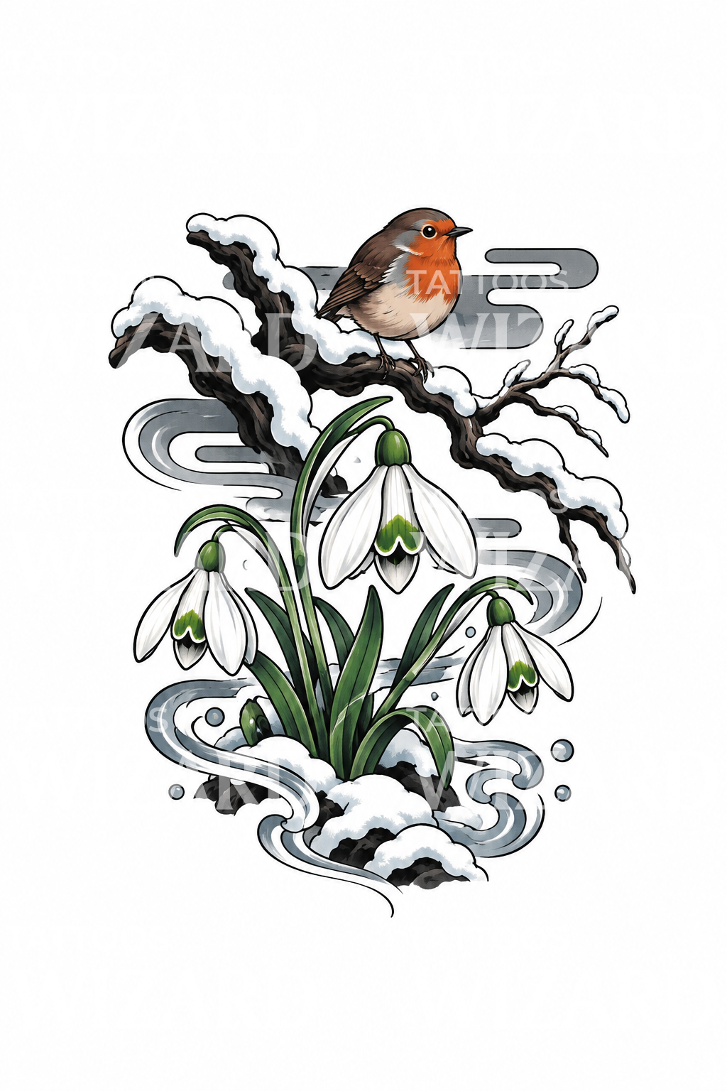 Japanische Schneeglöckchen mit Rotkehlchen auf verschneitem Ast Tattoo