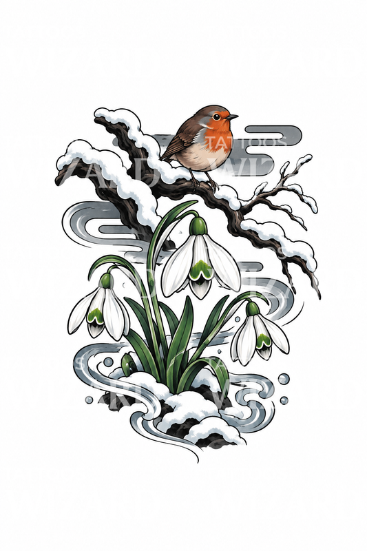 Japanische Schneeglöckchen mit Rotkehlchen auf verschneitem Ast Tattoo