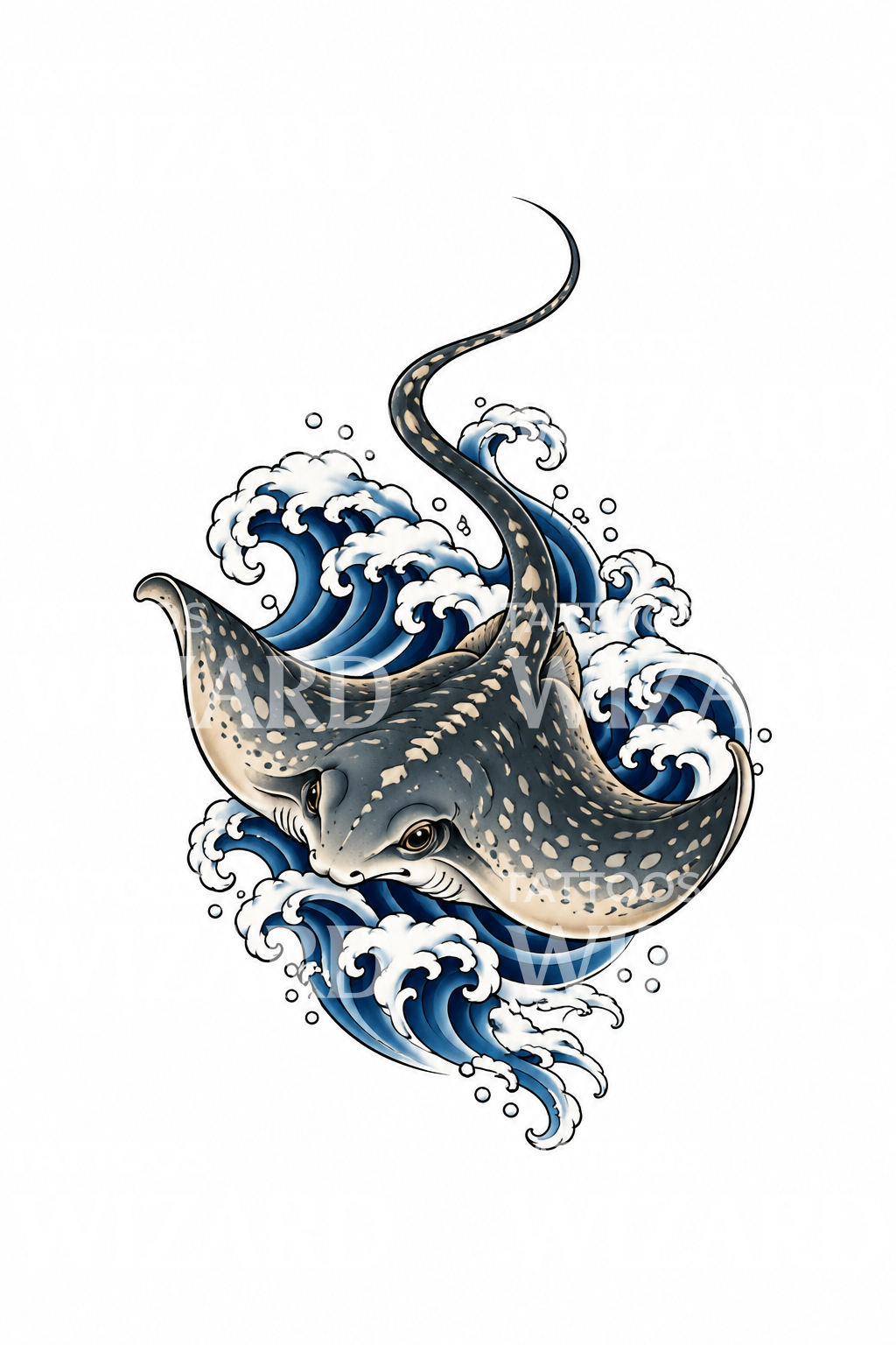 Japanese Stingray in Waves Tattoo Design