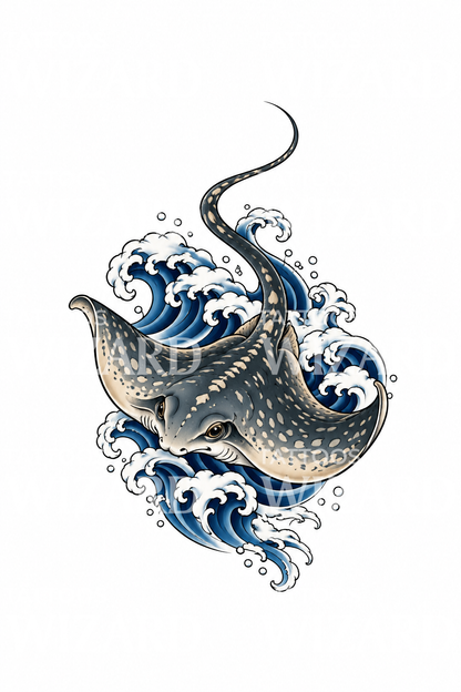 Japanese Stingray in Waves Tattoo Design