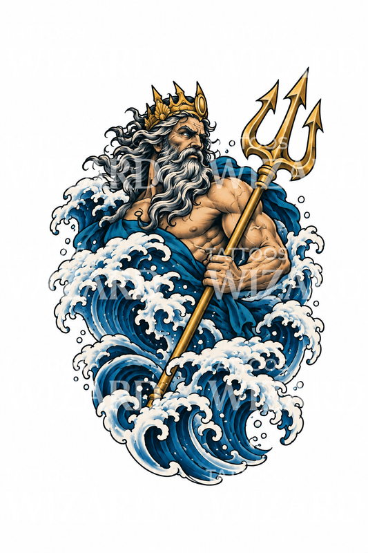 Poseidón japonés entre olas, diseño de tatuaje