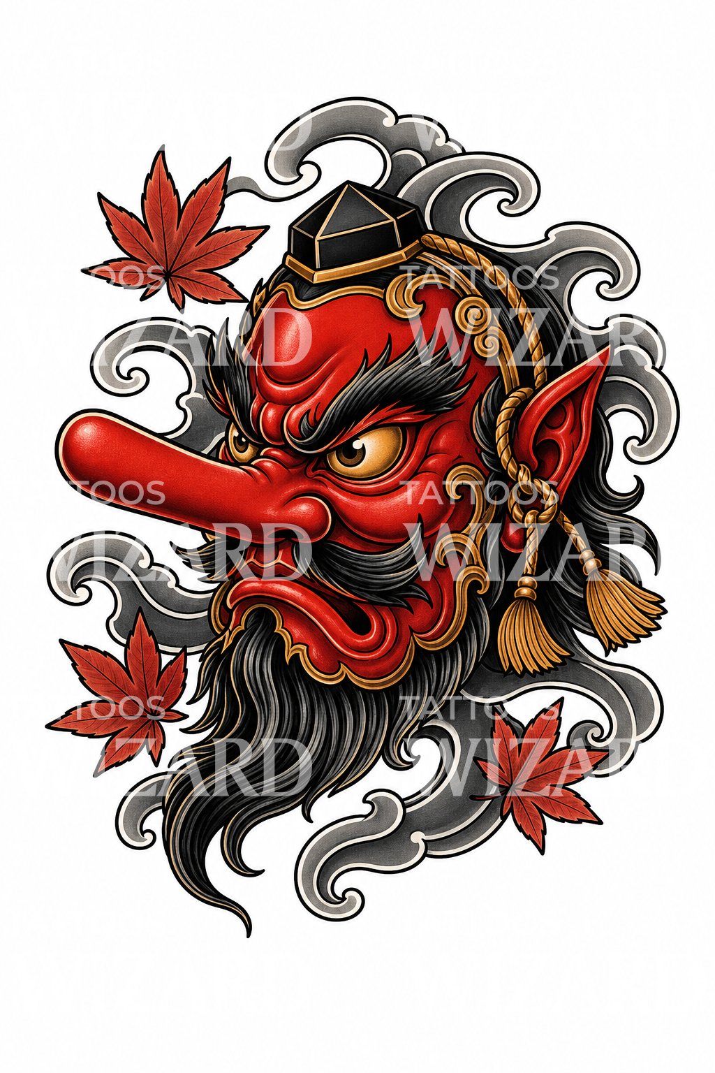 Japanese Tengu Mask Tattoo Design