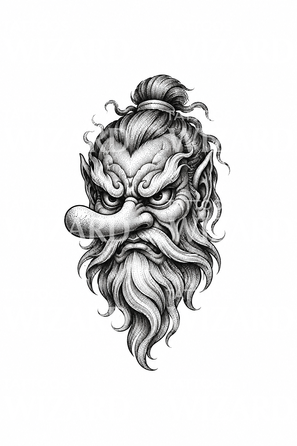 Tatuaggio dotwork di maschera tengu giapponese dalla barba fluente