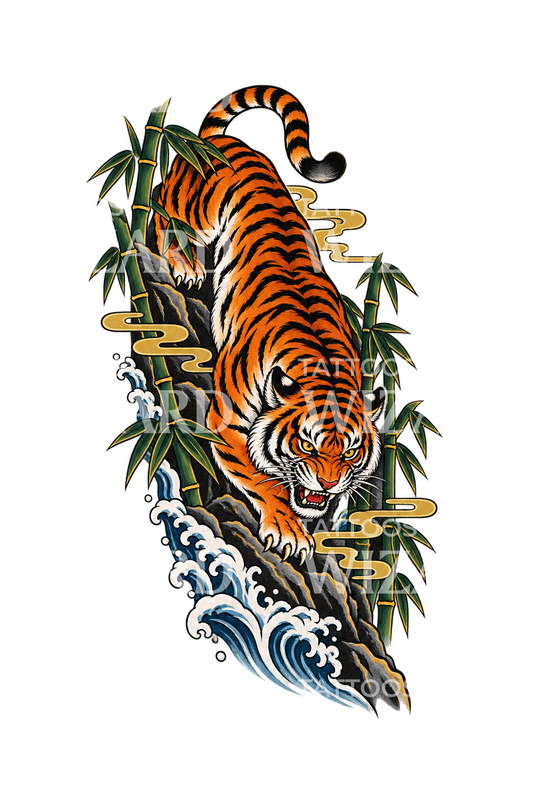 Japansk tiger på vei ned med bambus som tatovering