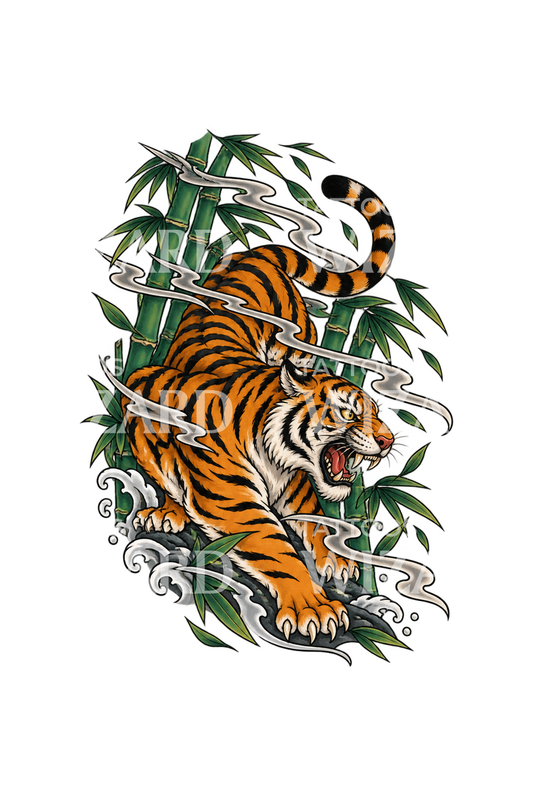Japanese Tiger in Bamboo Storm Tattoo Design