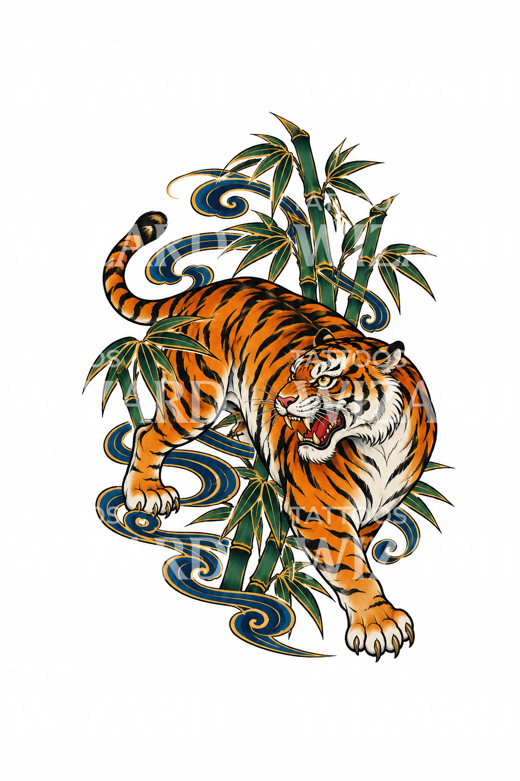 Tigre giapponese nel vento di bambù, tatuaggio