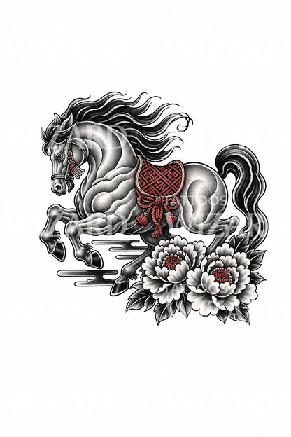 Japanese War Horse Peony Tattoo Design