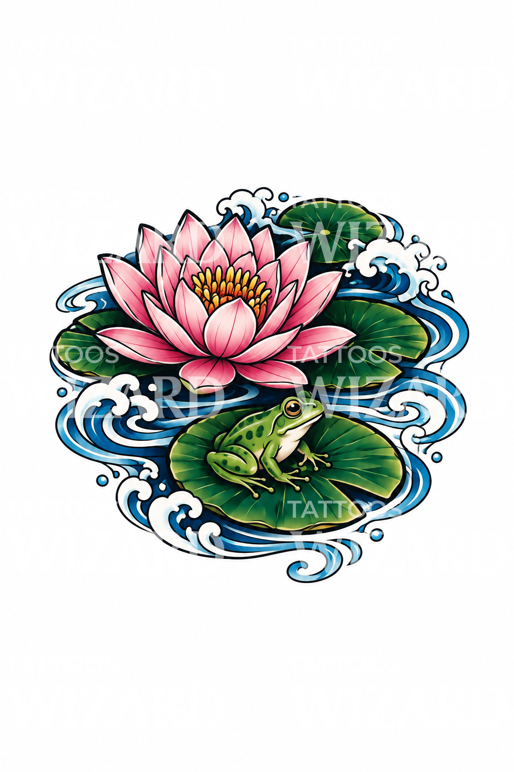 Japanische Seerose mit Frosch auf einem Seerosenblatt Tattoo