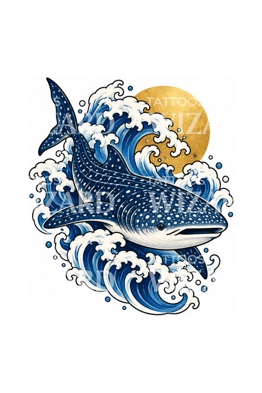 Diseño de tatuaje de tiburón ballena japonés entre olas
