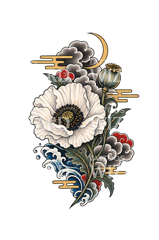 Ilustrasi Tato Poppy Putih Jepang dan Bulan