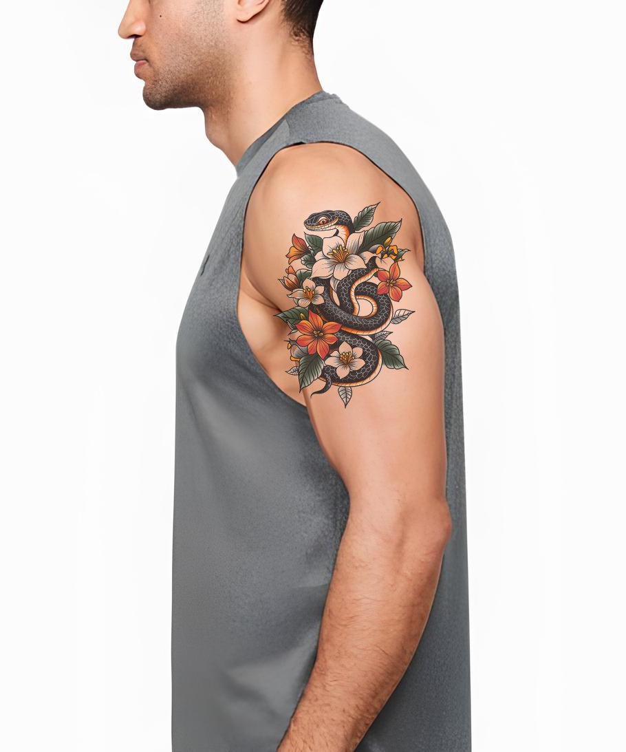 Coiled Snake and Jasmine Tattoo Design