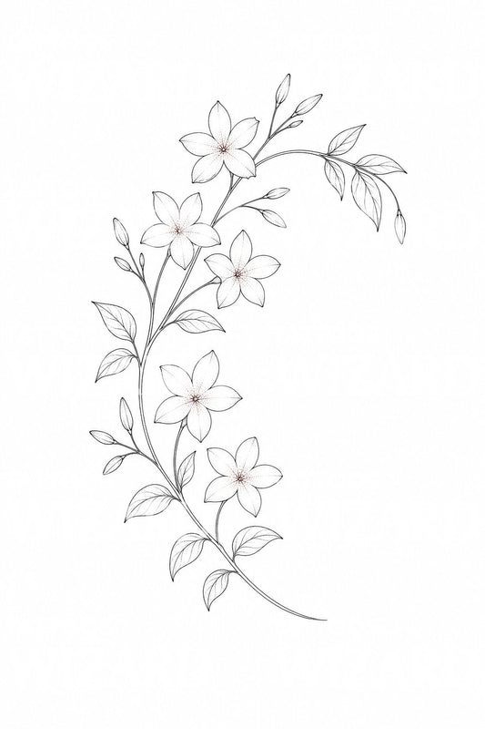 Diseño de tatuaje fine line de enredadera de jazmín