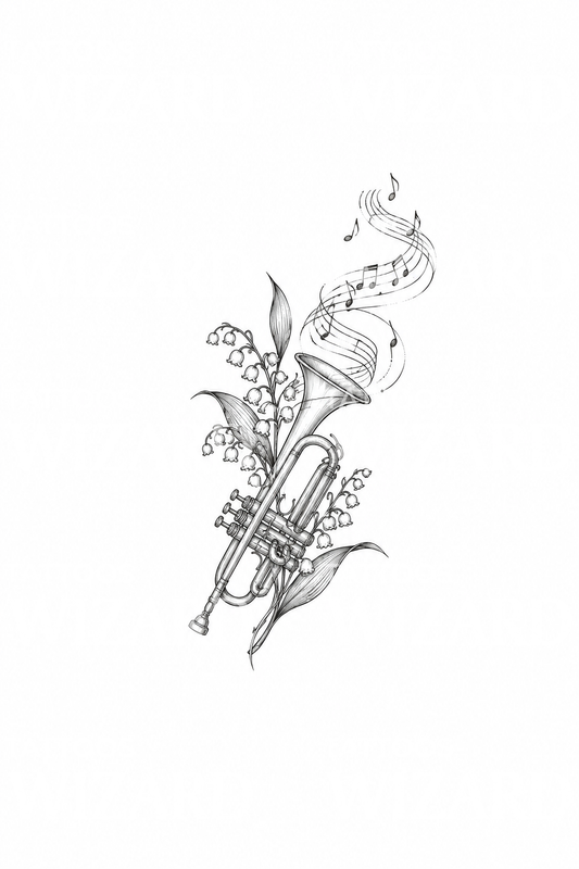 Fine-line-tattoo met jazztrompet en lelietje-van-dalen