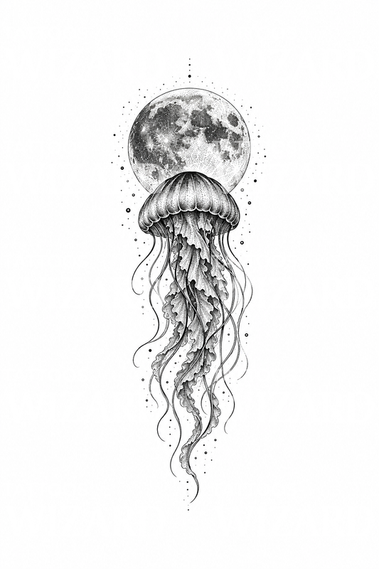 Jellyfish under Full Moon Dotwork Tattoo Idea