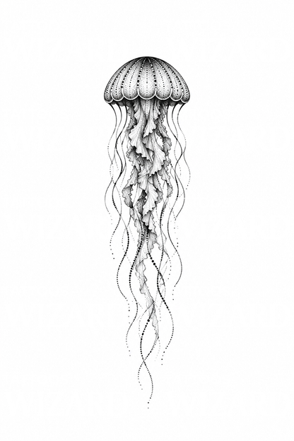 Jellyfish with Long Flowing Tentacles Dotwork Tattoo