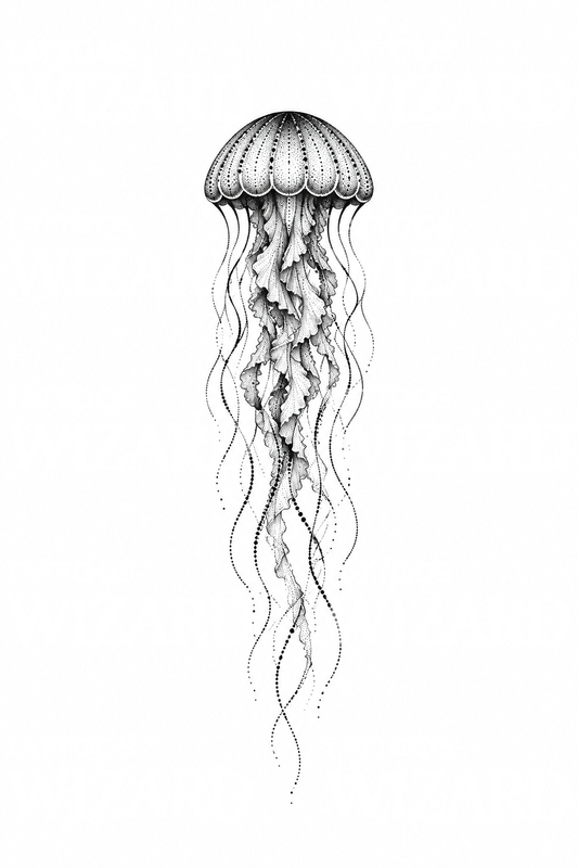 Jellyfish with Long Flowing Tentacles Dotwork Tattoo