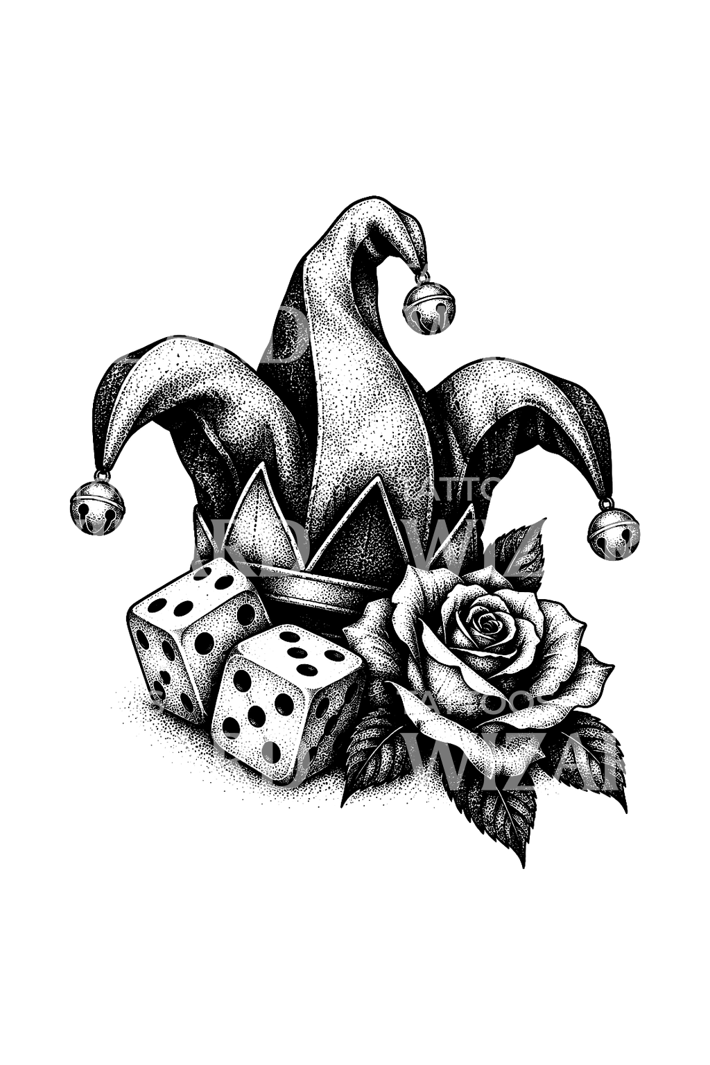Tatuagem de gorro de bobo com dados e rosa em dotwork
