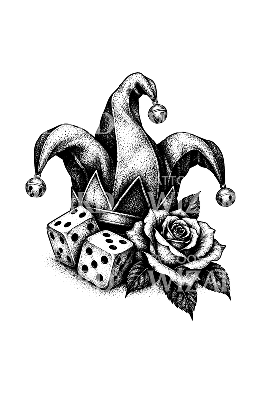 Tatuagem de gorro de bobo com dados e rosa em dotwork
