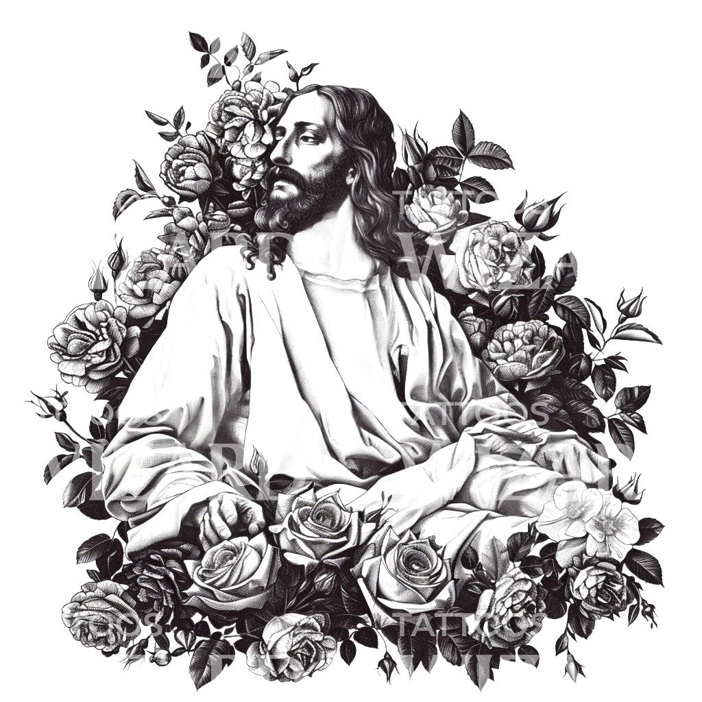 Conception de tatouage de Jésus-Christ et de fleurs