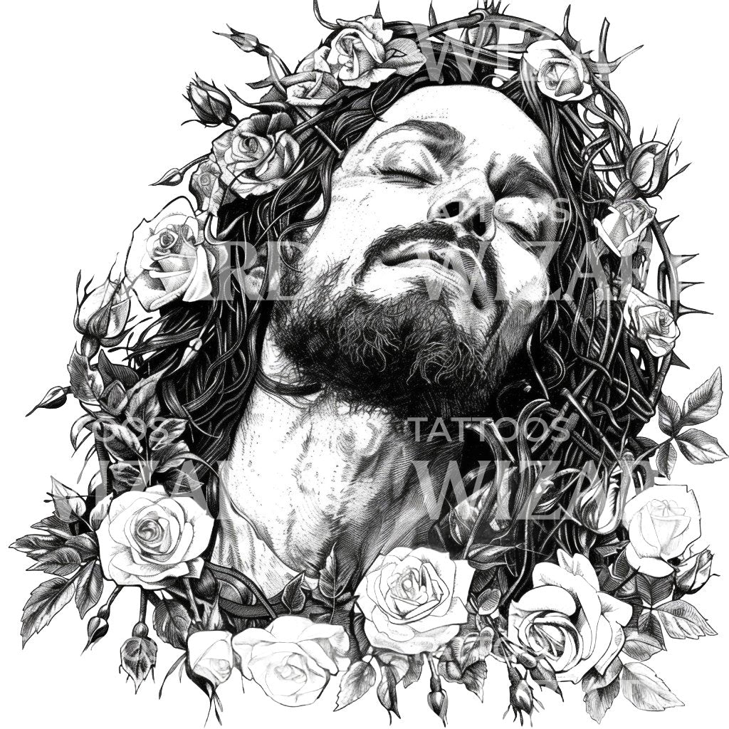 Conception de tatouage de Jésus-Christ et d’ornements fleuris