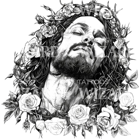 Jesus Christ and Flowery Ornaments Tattoo Design