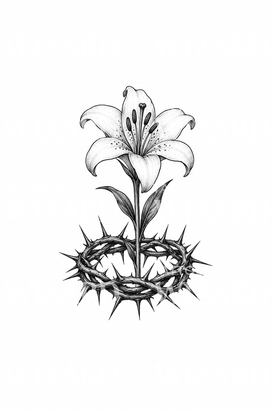 Jesus Crown of Thorns with Easter Lily Tattoo