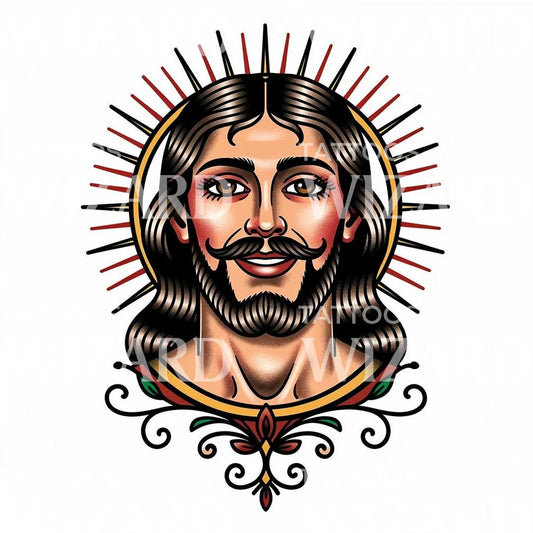 Design de tatouage portrait de Jésus à l'auréole