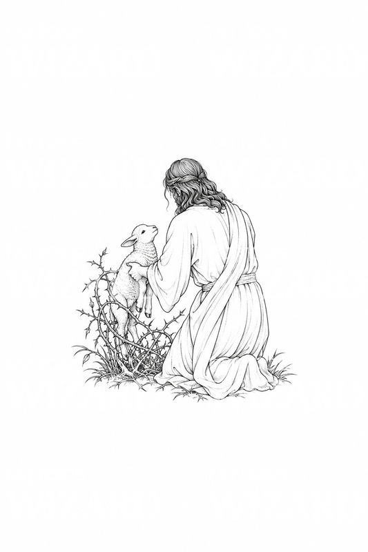 Tatovering af Jesus, der løfter et fortabt lam fra torne