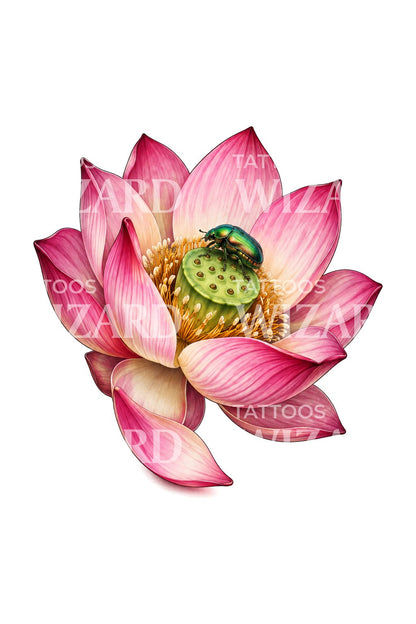 Jewel Beetle on Pink Lotus Tattoo Design