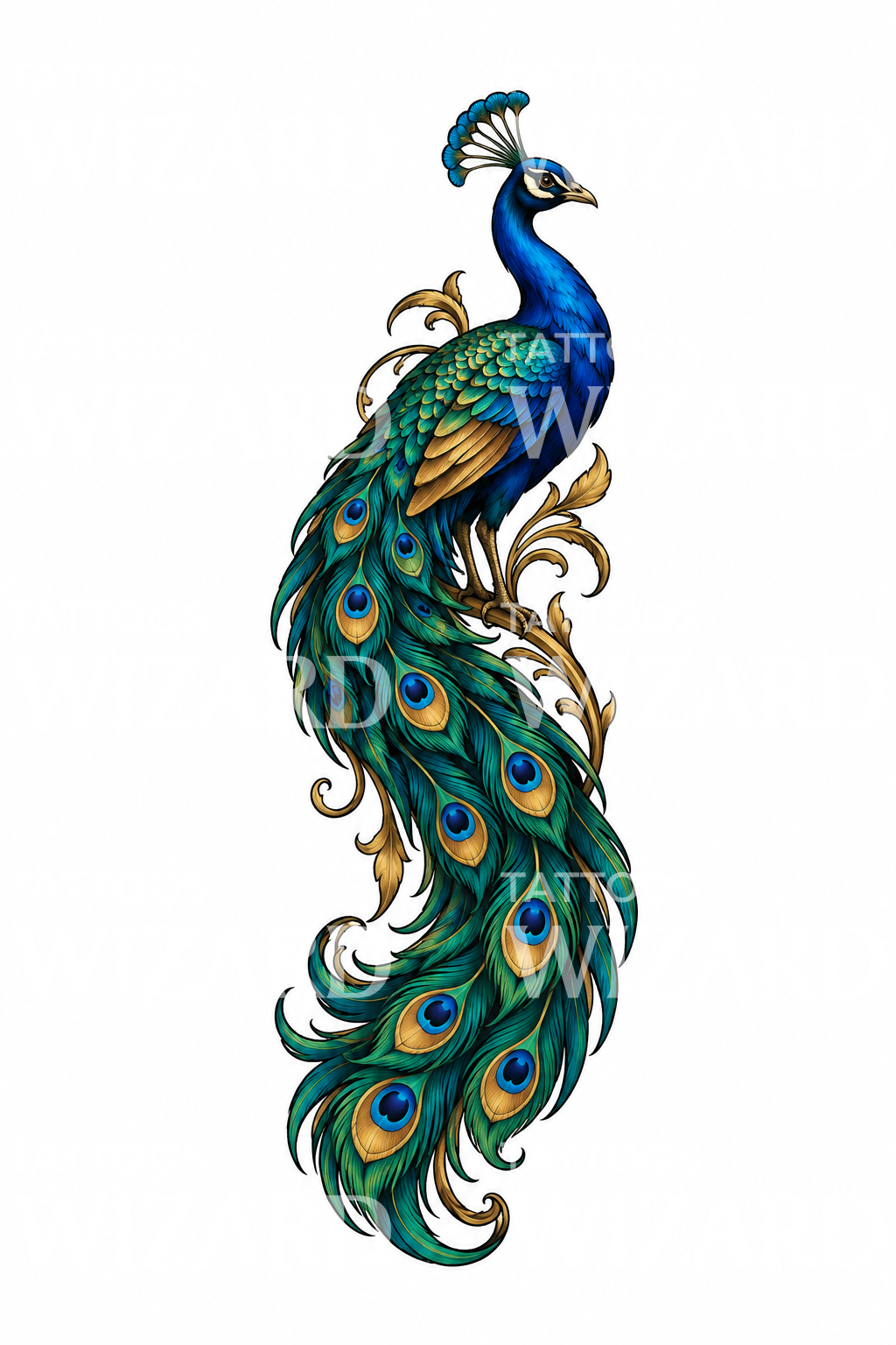Jewel Toned Peacock Train Tattoo Design