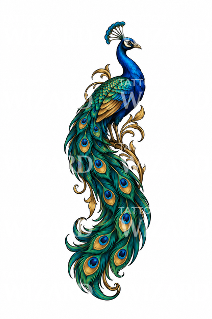 Jewel Toned Peacock Train Tattoo Design