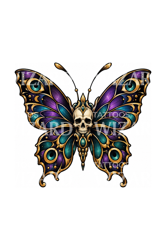 Jeweled Butterfly with Skull Tattoo Design